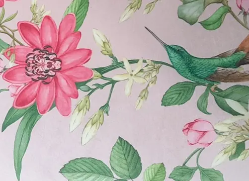 Tissu Pink Lotus au motif floral avec oiseau