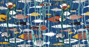 Tissu d'ameublement Lelièvre avec un magnifique motif de fond marin bleu sombre, rempli de poissons
